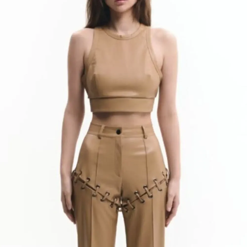 LIKA Faux Leather Crop Top -Beige-Small-Streetwear-Luxury Grunge Glamour - Picture 3 of 10